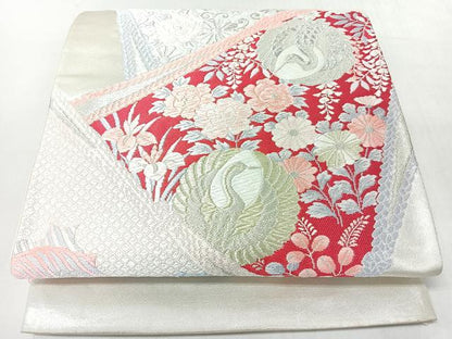 平和屋着物◎六通柄袋帯　唐織　切嵌花鳥文　鶴　金銀糸　正絹　逸品　CABJ7944nb