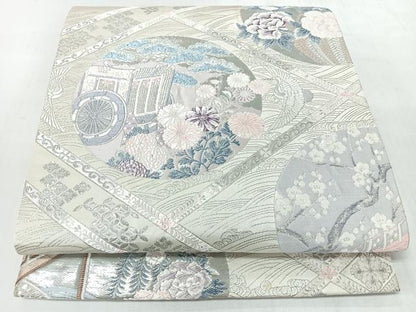 平和屋着物◎六通柄袋帯　唐織　御所車草花文　銀糸　正絹　逸品　CABJ7956nb