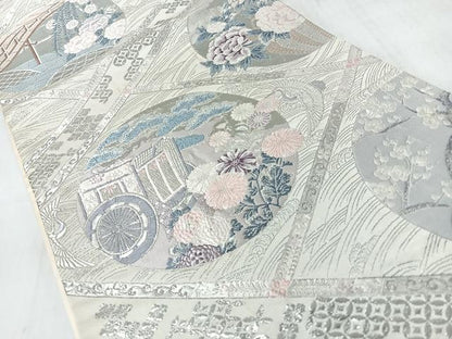 平和屋着物◎六通柄袋帯　唐織　御所車草花文　銀糸　正絹　逸品　CABJ7956nb