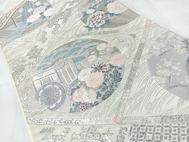 平和屋着物◎六通柄袋帯　唐織　御所車草花文　銀糸　正絹　逸品　CABJ7956nb
