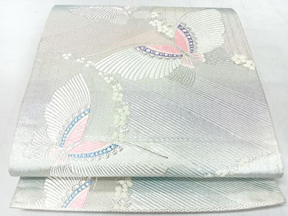 平和屋着物◎六通柄袋帯　唐織　舞蝶文　銀糸　正絹　逸品　CABJ7959nb