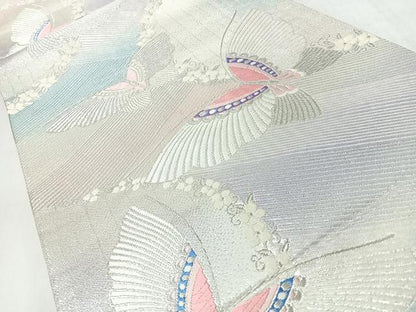 平和屋着物◎六通柄袋帯　唐織　舞蝶文　銀糸　正絹　逸品　CABJ7959nb