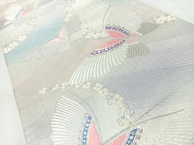 平和屋着物◎六通柄袋帯　唐織　舞蝶文　銀糸　正絹　逸品　CABJ7959nb
