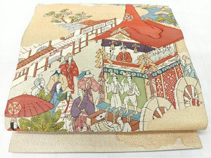 平和屋着物◎太鼓柄袋帯　綴れ　人物風景文　金糸　正絹　逸品　CABJ7962nb