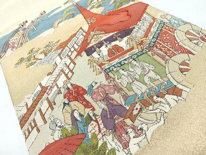 平和屋着物◎太鼓柄袋帯　綴れ　人物風景文　金糸　正絹　逸品　CABJ7962nb