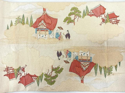 平和屋着物◎太鼓柄袋帯　綴れ　人物風景文　金糸　正絹　逸品　CABJ7962nb