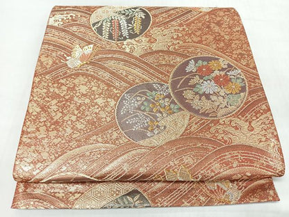 平和屋着物◎六通柄袋帯　唐織　流水華蝶文　金銀糸　正絹　逸品　CABJ7965nb