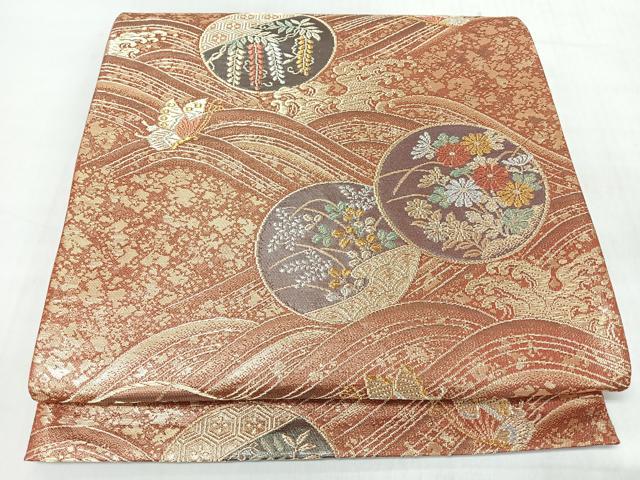 平和屋着物◎六通柄袋帯　唐織　流水華蝶文　金銀糸　正絹　逸品　CABJ7965nb