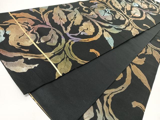 平和屋着物◎六通柄袋帯　花唐草文　黒地　金糸　正絹　逸品　CABJ7966nb