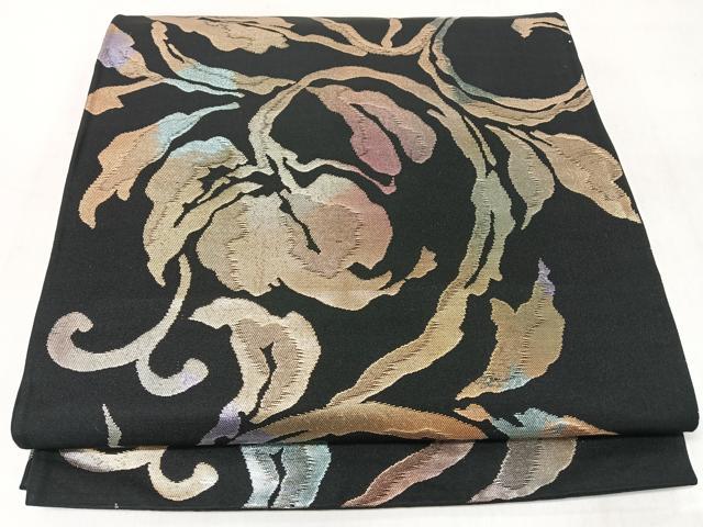 平和屋着物◎六通柄袋帯　花唐草文　黒地　金糸　正絹　逸品　CABJ7966nb