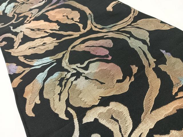 平和屋着物◎六通柄袋帯　花唐草文　黒地　金糸　正絹　逸品　CABJ7966nb