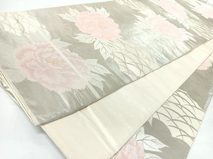 平和屋着物◎西陣　服部織物謹製　六通柄袋帯　こはく錦　手工芸　芝草舞花文　金銀糸　正絹　逸品　CABJ7971nb