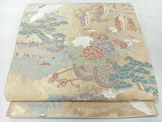 平和屋着物◎六通柄袋帯　寿光織　花車飛鶴文　金糸　正絹　逸品　CABJ7977nb
