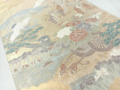平和屋着物◎六通柄袋帯　寿光織　花車飛鶴文　金糸　正絹　逸品　CABJ7977nb