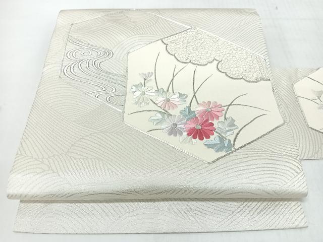 平和屋着物◎九寸名古屋帯　駒刺繍　流水草花文　銀糸　正絹　逸品　CABJ7980nb