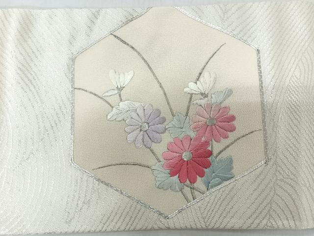 平和屋着物◎九寸名古屋帯　駒刺繍　流水草花文　銀糸　正絹　逸品　CABJ7980nb