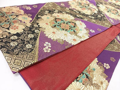 平和屋着物◎六通柄袋帯　流水草花文　黒地　金通し地　正絹　逸品　CABJ7982nb