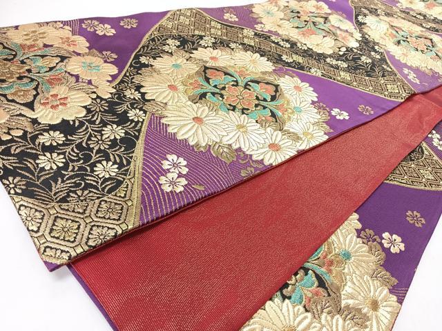 平和屋着物◎六通柄袋帯　流水草花文　黒地　金通し地　正絹　逸品　CABJ7982nb