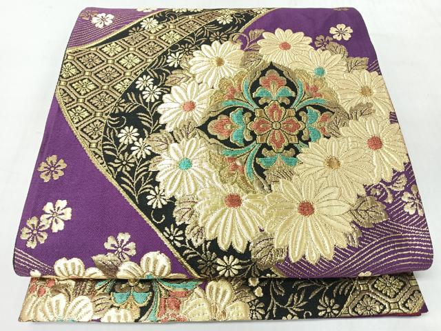 平和屋着物◎六通柄袋帯　流水草花文　黒地　金通し地　正絹　逸品　CABJ7982nb