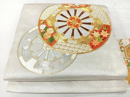 平和屋着物◎九寸名古屋帯　総刺繍　駒刺繍　源氏車　金銀糸　正絹　逸品　CABJ7990nb
