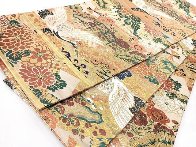 平和屋着物■アンティーク　大正ロマン　丸帯　唐織　飛鶴扇面草花文　金糸　正絹　逸品　CABJ7996nb