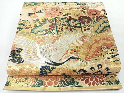平和屋着物■アンティーク　大正ロマン　丸帯　唐織　飛鶴扇面草花文　金糸　正絹　逸品　CABJ7996nb