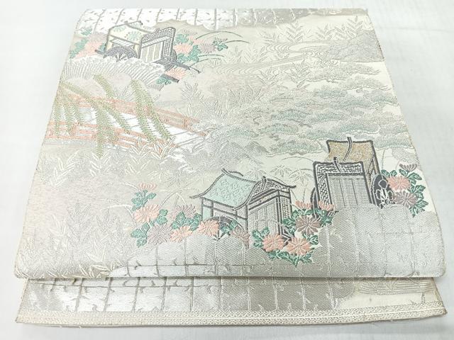 平和屋着物◎西陣　服部織物謹製　六通柄袋帯　唐織　渡り橋御所車流水草花文　金銀糸　正絹　逸品　CABJ7998nb