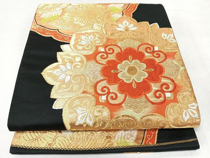 平和屋着物◎六通柄袋帯　唐織　都緞子　黒地　金銀糸　正絹　逸品　CABJ7999nb