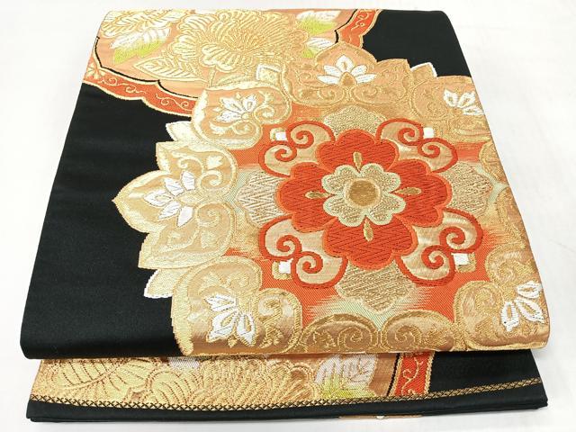 平和屋着物◎六通柄袋帯　唐織　都緞子　黒地　金銀糸　正絹　逸品　CABJ7999nb