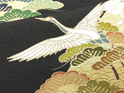 平和屋着物■豪華黒留袖　駒刺繍　飛鶴浜松文　金彩　正絹　逸品　CABJ8015xe