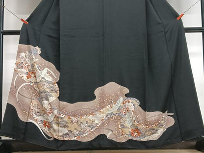 平和屋着物■豪華黒留袖　駒刺繍　飛鶴吉祥花文　金彩　正絹　逸品　CABJ8046xe
