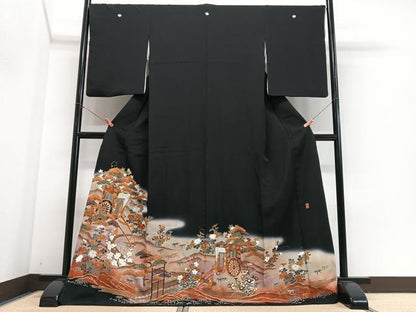 平和屋着物■豪華黒留袖　作家物　駒刺繍　御所車花文　暈し染め　金彩　正絹　逸品　CABJ8053xe