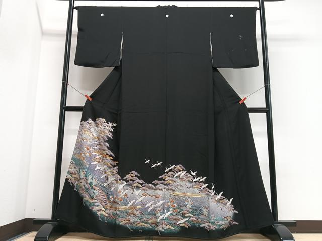 平和屋着物■豪華黒留袖　駒刺繍　飛鶴風景松文　暈し染め　金彩　正絹　逸品　CABJ8077xe