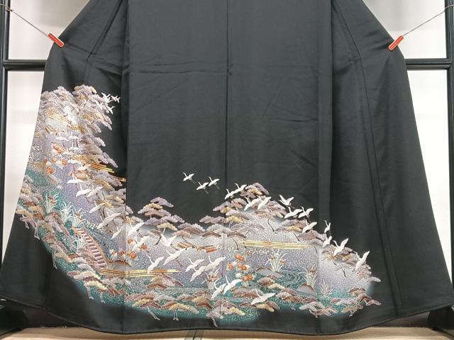 平和屋着物■豪華黒留袖　駒刺繍　飛鶴風景松文　暈し染め　金彩　正絹　逸品　CABJ8077xe