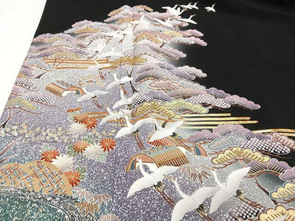 平和屋着物■豪華黒留袖　駒刺繍　飛鶴風景松文　暈し染め　金彩　正絹　逸品　CABJ8077xe