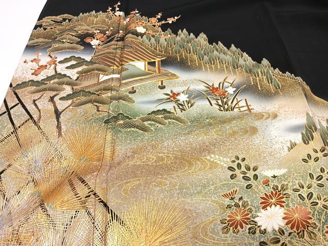 平和屋着物■五代 歌舞伎役者　坂東八十助　黒留袖　駒刺繍　衣の年輪　暈し染め　金彩　正絹　逸品　CABJ8078xe