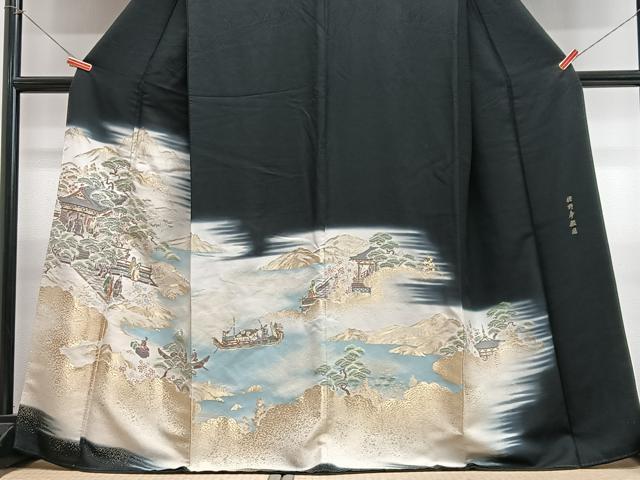 寿光織　狩野帝鑑図織り出し一つ紋色留袖（比翼衿付き）/裄71 京都えり善　d30 平和屋着物□豪華黒留袖 寿光織 狩野帝鑑図 暈し染め