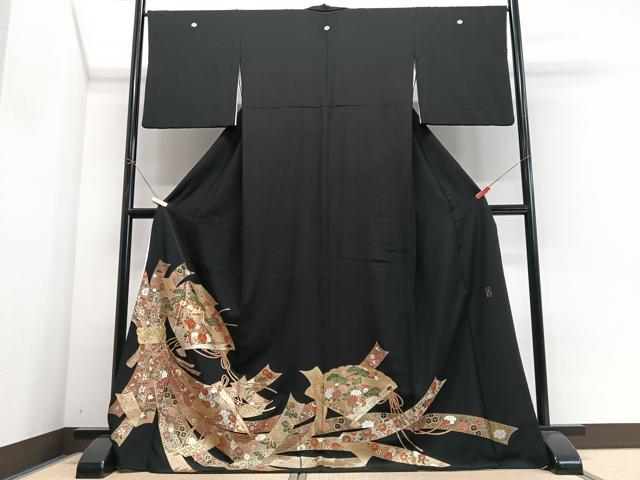 平和屋着物■豪華黒留袖　駒刺繍　束ね熨斗御所車花文　金彩　ロング丈　正絹　逸品　CABJ8171xe