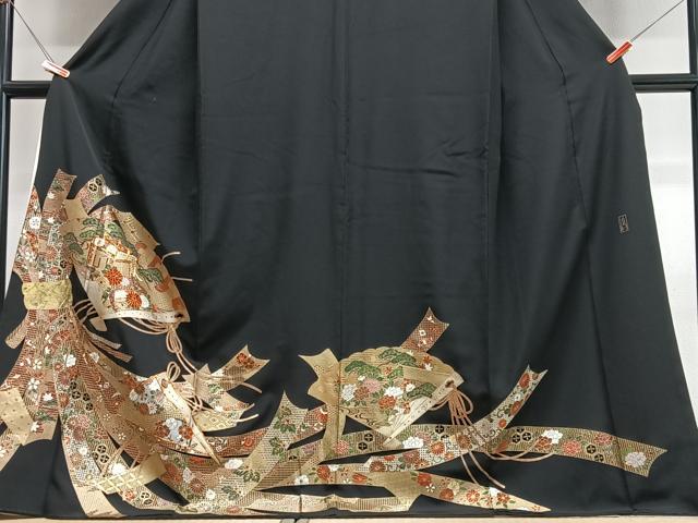 平和屋着物■豪華黒留袖　駒刺繍　束ね熨斗御所車花文　金彩　ロング丈　正絹　逸品　CABJ8171xe