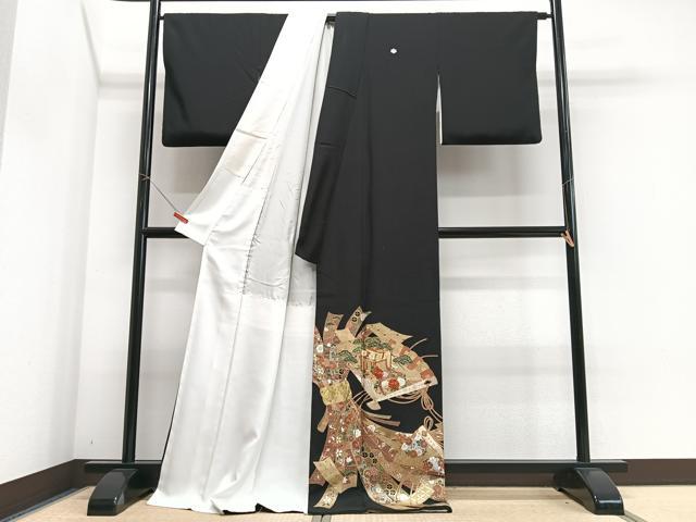 平和屋着物■豪華黒留袖　駒刺繍　束ね熨斗御所車花文　金彩　ロング丈　正絹　逸品　CABJ8171xe