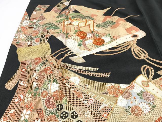 平和屋着物■豪華黒留袖　駒刺繍　束ね熨斗御所車花文　金彩　ロング丈　正絹　逸品　CABJ8171xe