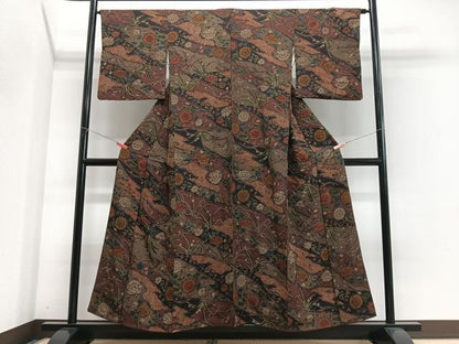 平和屋着物■上質な小紋　草花文　鬼しぼ縮緬　正絹　逸品　CABJ8179xe