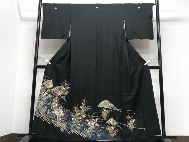 平和屋着物■豪華黒留袖　扇面草花文　金銀彩　正絹　逸品　CABJ8217xe