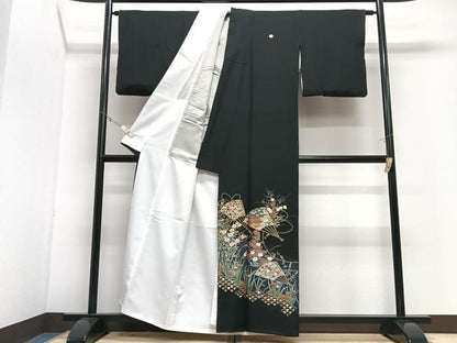 平和屋着物■豪華黒留袖　扇面草花文　金銀彩　正絹　逸品　CABJ8217xe