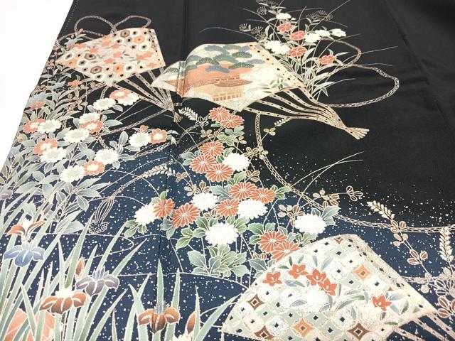 平和屋着物■豪華黒留袖　扇面草花文　金銀彩　正絹　逸品　CABJ8217xe