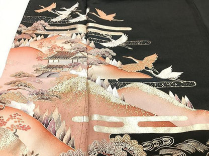 平和屋着物■豪華黒留袖　駒刺繍　飛鶴風景文　金彩　正絹　逸品　CABJ8262xe