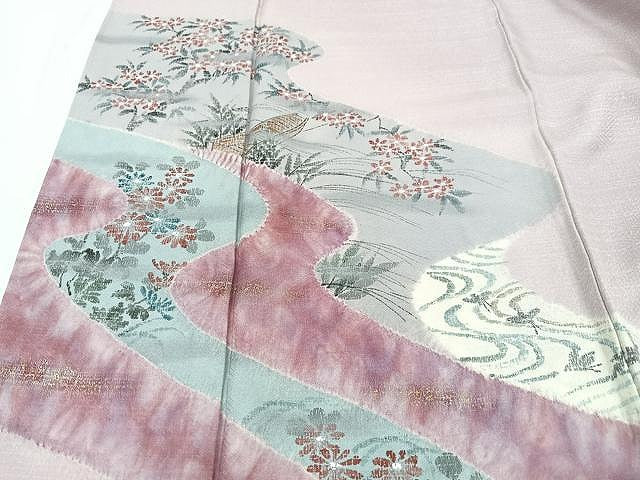 平和屋着物■訪問着　絞り　流水草花文　金彩　正絹　逸品　CABJ8283xe