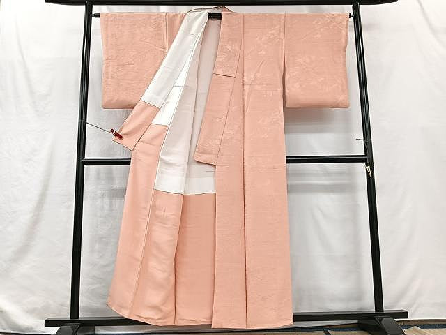 平和屋着物■上質な色無地　雲取り風景地紋　珊瑚色　正絹　逸品　CABJ8285xe