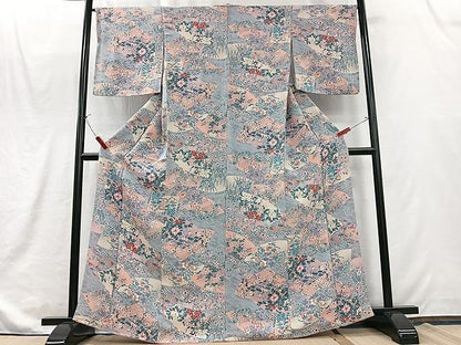 平和屋着物■上質な小紋　地紙草花文　鬼しぼ縮緬　金彩　正絹　逸品　CABJ8288xe