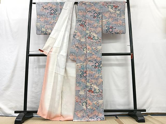 平和屋着物■上質な小紋　地紙草花文　鬼しぼ縮緬　金彩　正絹　逸品　CABJ8288xe